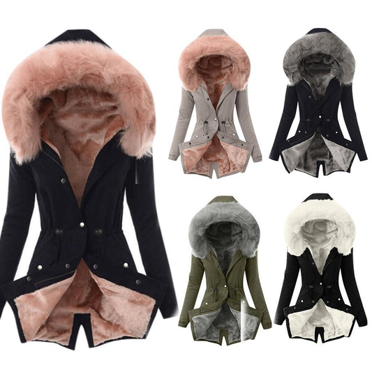 Fur collar drawstring solid color warm cotton coat
