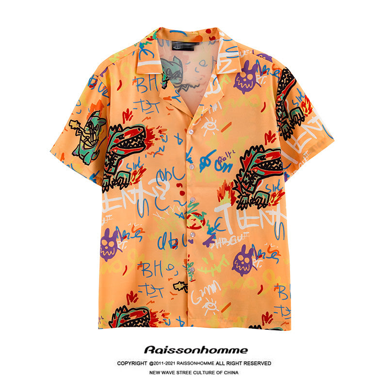 Tide Brand Hip-Hop Street Graffiti Flower Shirt Male Short-Sleeved Handsome Trendy Loose Shirt