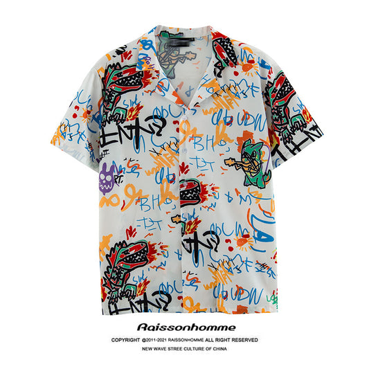 Tide Brand Hip-Hop Street Graffiti Flower Shirt Male Short-Sleeved Handsome Trendy Loose Shirt