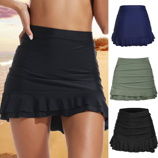 High waist anti-glare beach pleated double hem swim skirt