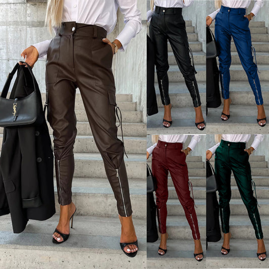Fall Winter Fashion Slim PU Leather Waist Skinny Trousers Pockets