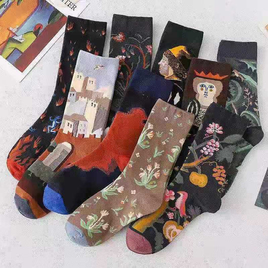 Trendy Mid-calf Length Socks Preppy Style Stockings Artistic Illustration Socks