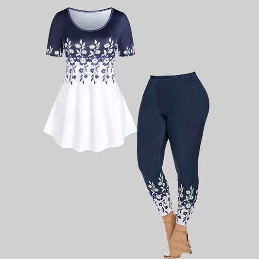 Women's Two-piece Set Summer Fashion Casual Short-sleeved Printed Top Pants