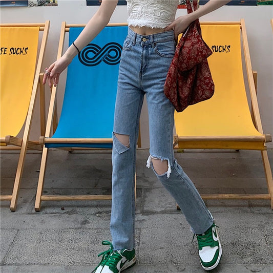 Summer Slim And Ripped Cropped Straight-leg Jeans For Women