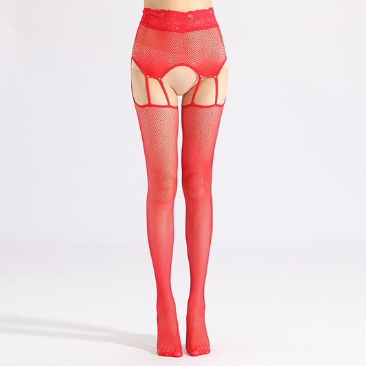 One-piece Sling Free Red Hollow Socks Lace Stockings