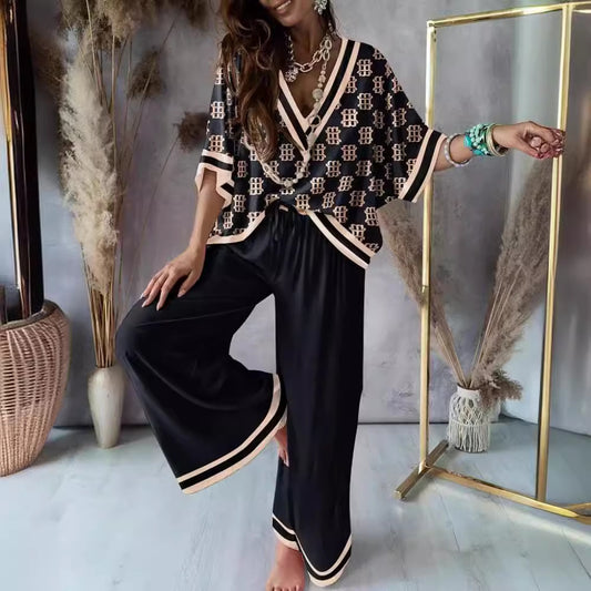 Women's Clothing Printed Batwing Sleeve Top And Wide Leg Pants Suit