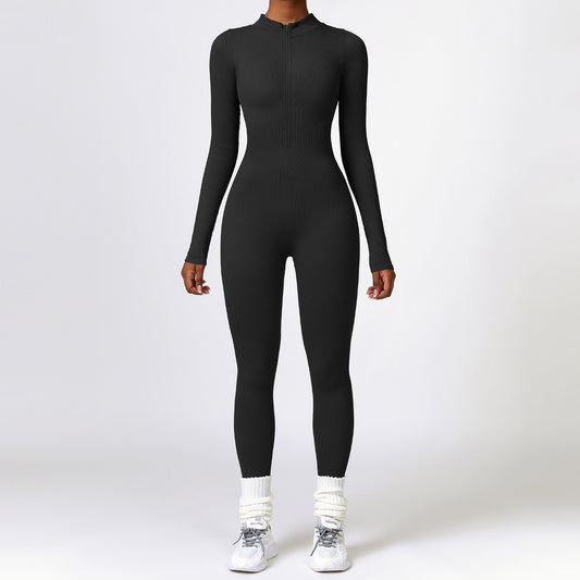 Winter Tight Long Sleeve Yoga Jumpsuit Zipper Belly Contracting High Strength Sports