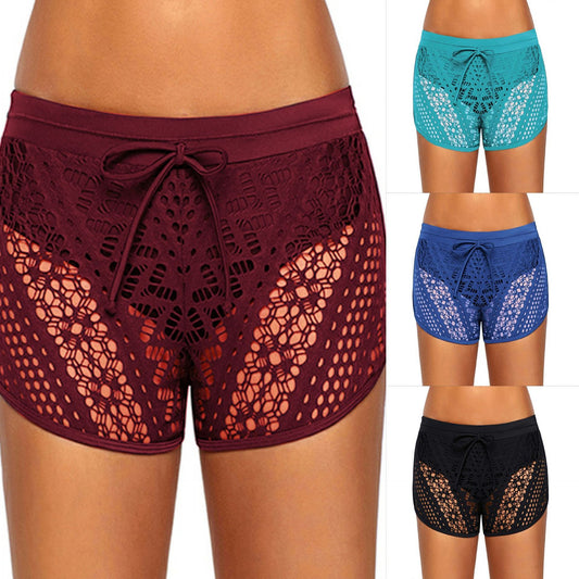 Lace Swim Shorts Sexy Solid Color Hollow Lace-up Boxer Shorts