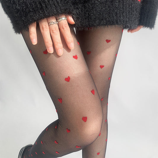 Red Small Love Stockings Ultra-thin Transparent Black Silk Polka Dot Pantyhose Anti-snagging